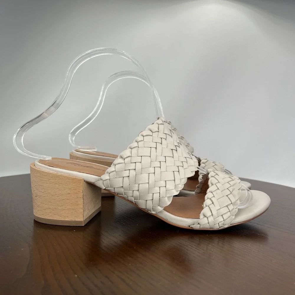 Madewell Kiera Sandals Women 6.5 Pale Oyster Woven Leather Block Heel Mule AM223 - Picture 4 of 16